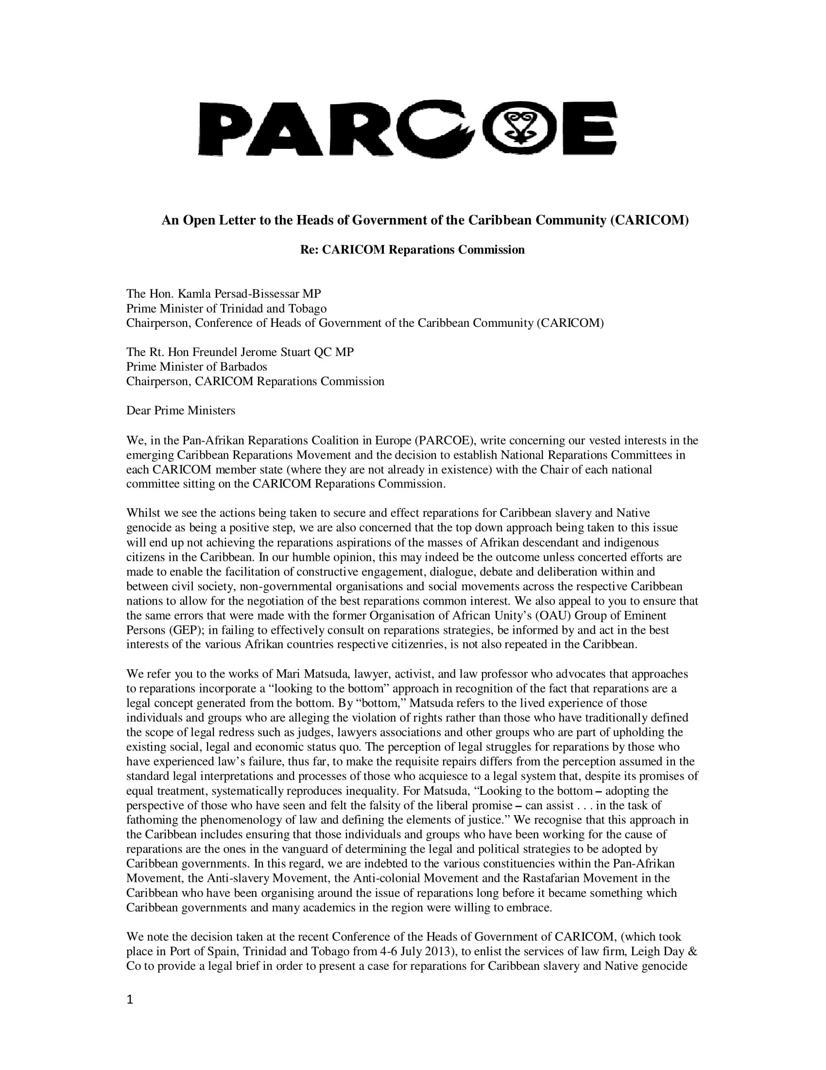 PARCOE Open Letter to CARICOM Heads of Government corrected version-1