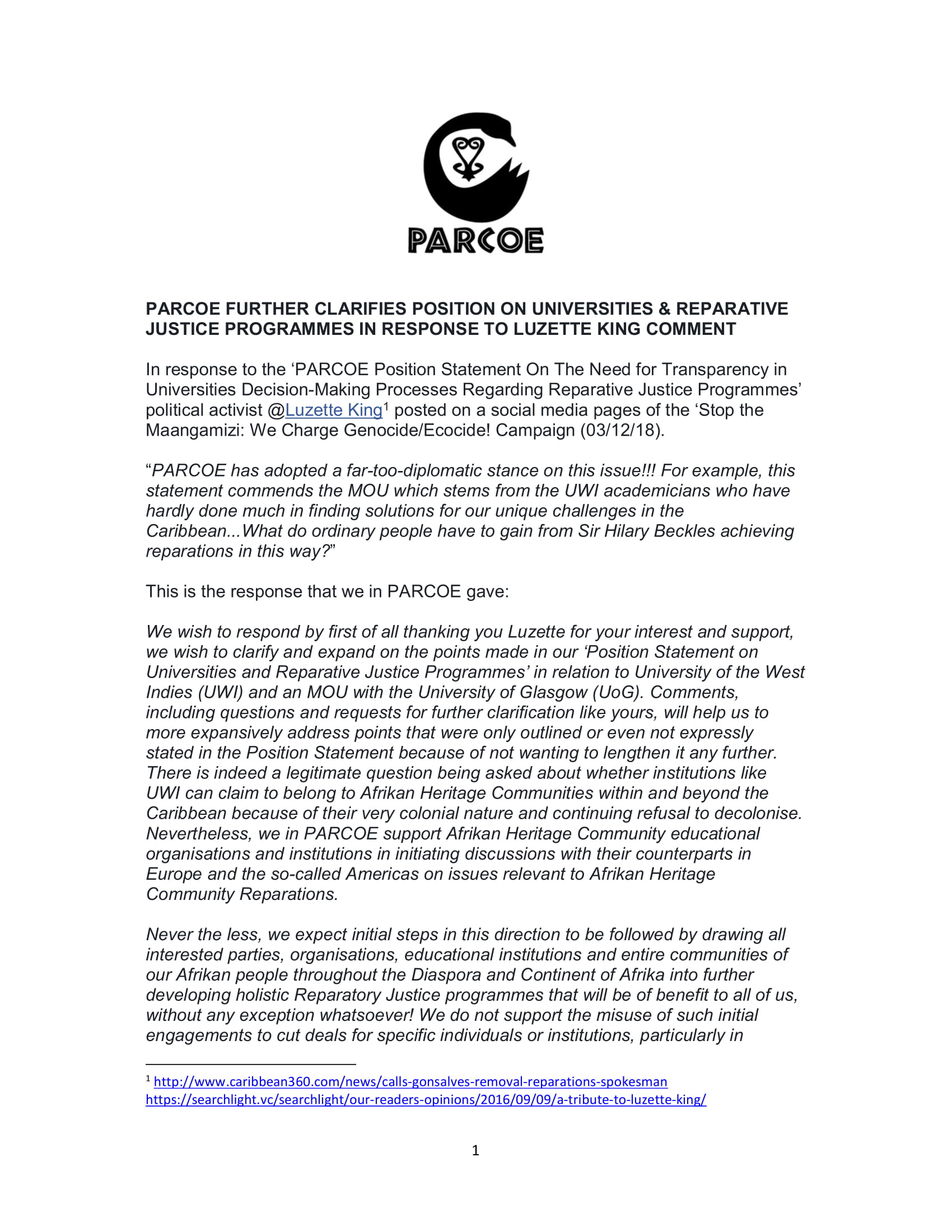 PARCOE FURTHER CLARIFIES POSITION STATEMENT 3RD DECEMBER 2018-1