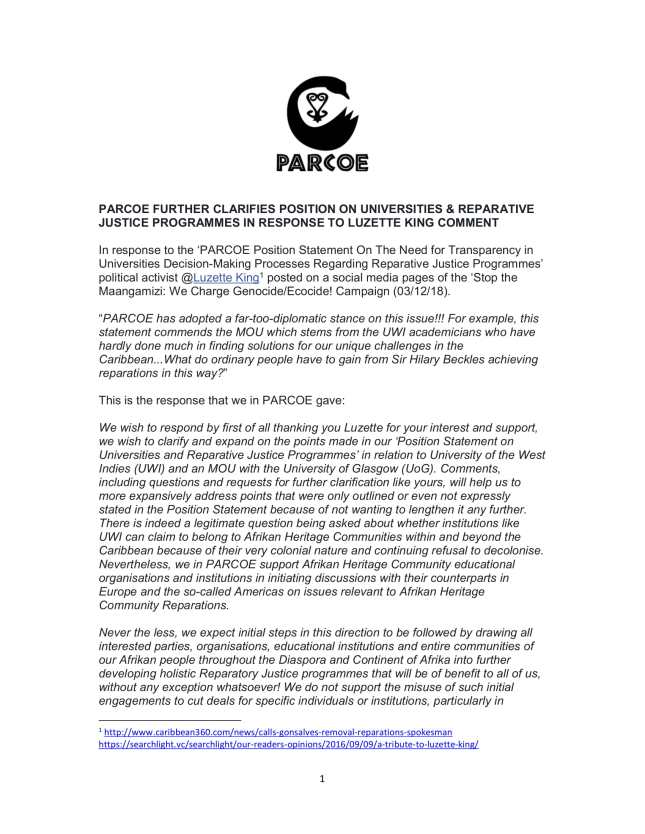 PARCOE FURTHER CLARIFIES POSITION STATEMENT 3RD DECEMBER 2018-1